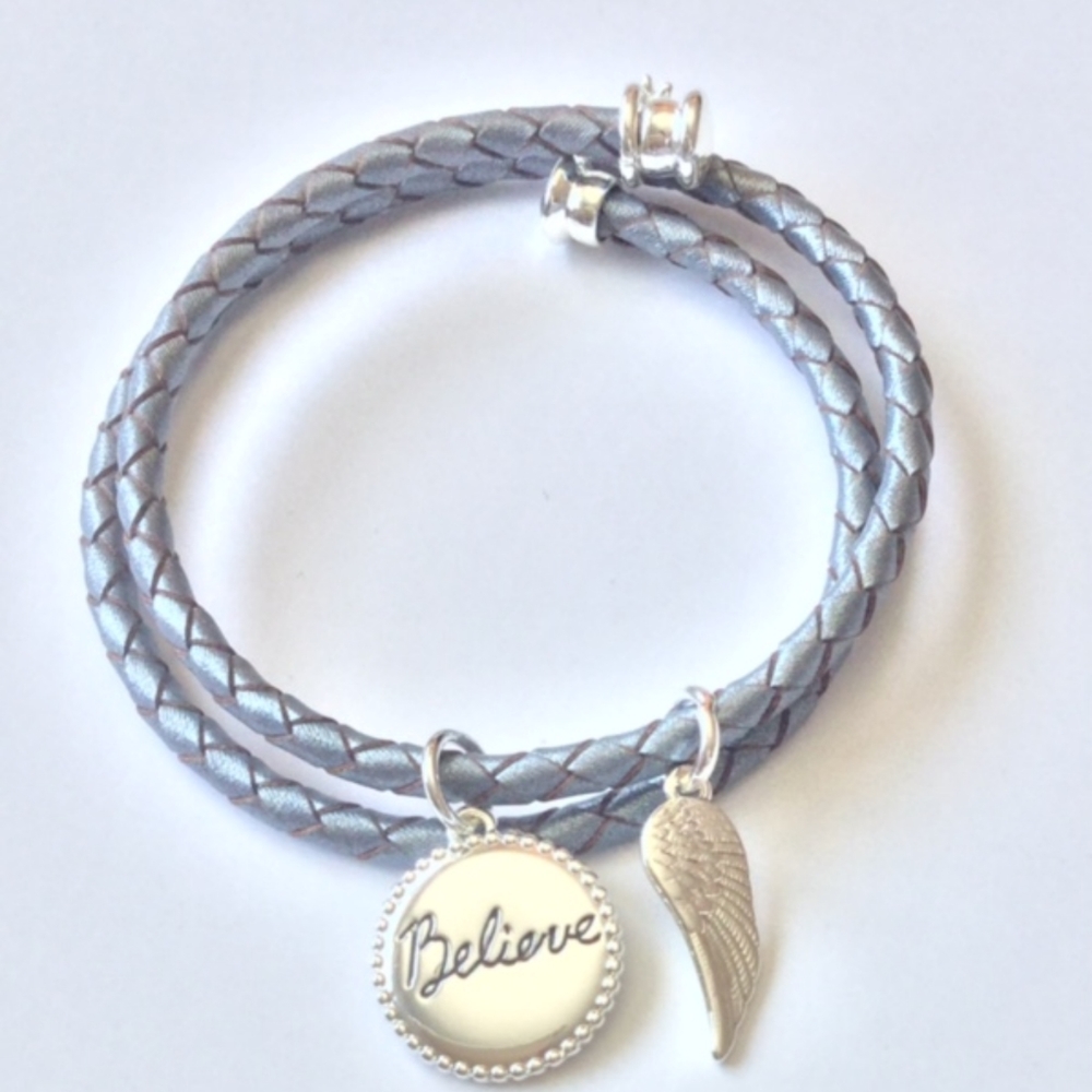 Grey Faux Leather Coil Bracelet with Charm